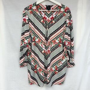 JM Collection XXL Top Stretch Womens 1/2 Zip Up Low‎ V Cut Blouse Floral Stripe
